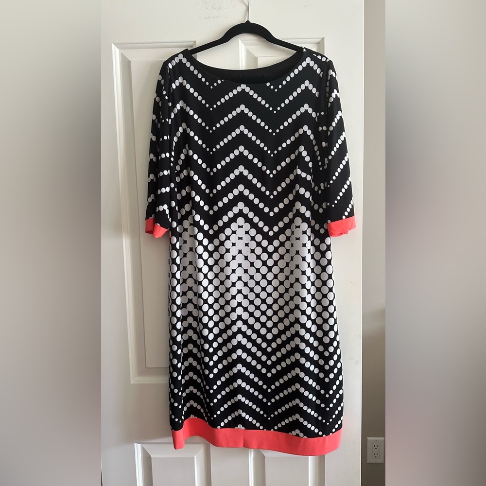 Black White Polka Dot Dress Coral Accents. 3/4 Sleeve. Worn once. Size 16W.